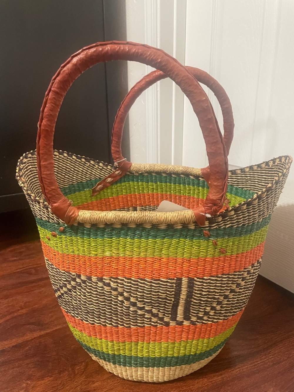 Handwoven Multicolor Straw Bolga Tote Bag with Brown Leather Handles
